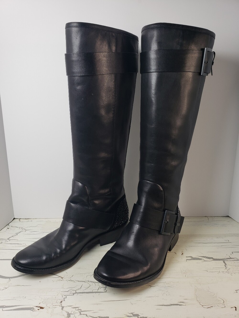 Brian Atwood 'Dita' Black Leather Knee-High Equestrian Riding Boots - size 8